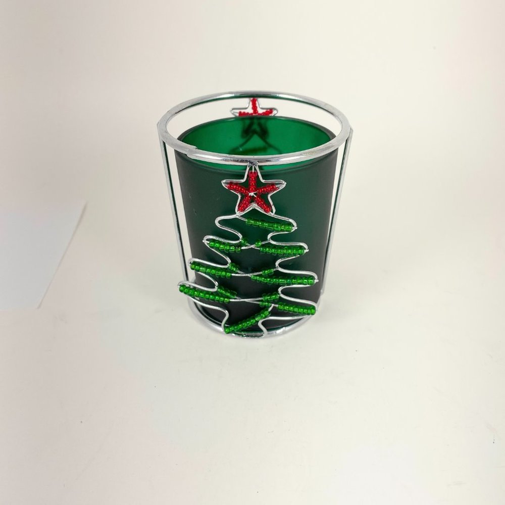 Christmas Green Glass Candle Holder Sitting in a Christmas Tree Wire Holder
